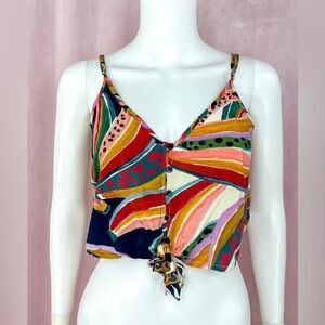 Farm Rio Womens Multi Color Print V Neck Crop Top Size Small Sleeveless